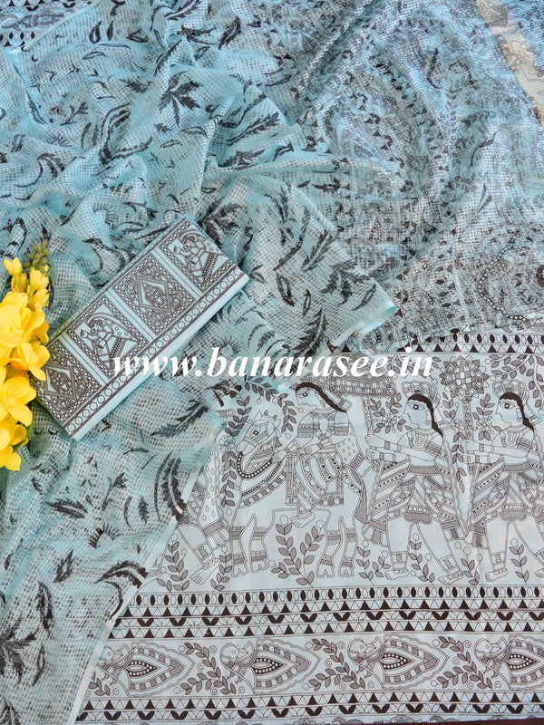 Handloom Block Printed Khadi Cotton Salwar Kameez With Kota Dupatta Set-Blue