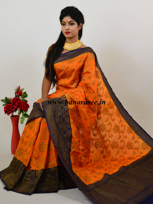 Banarasee Handwoven Semi Silk Saree With Blue Contrast Border-Orange