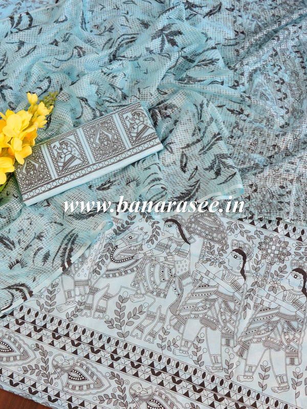 Handloom Block Printed Khadi Cotton Salwar Kameez With Kota Dupatta Set-Blue