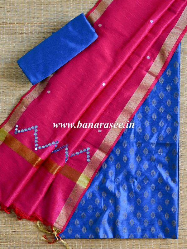 Banarasee Soft Cotton Ghichha Work Salwar Kameez Fabric & Mirror Work Dupatta-Blue & Pink