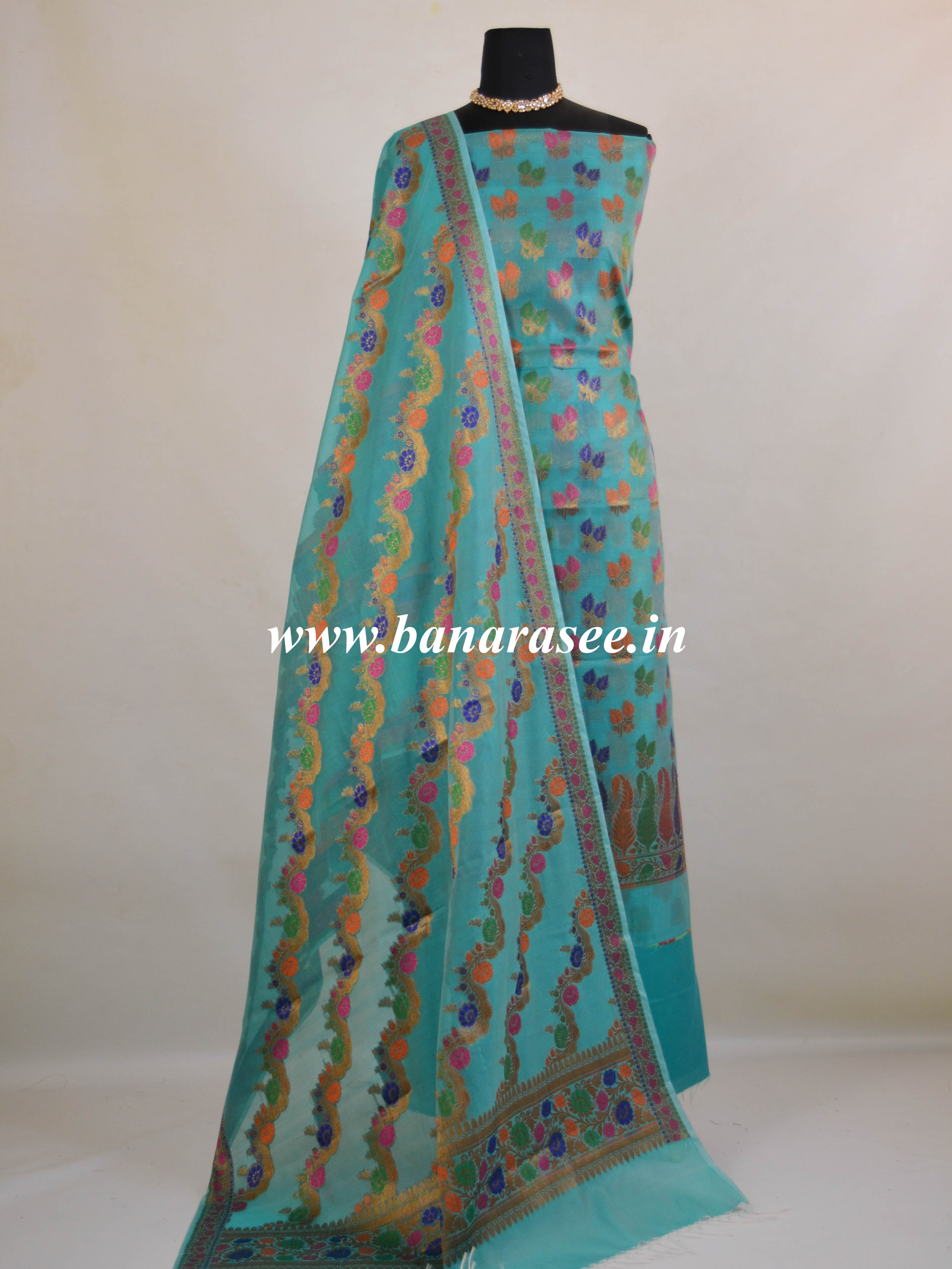 Banarasee Semi Silk Salwar Kameez Dupatta Set Meena & Zari Design-Blue