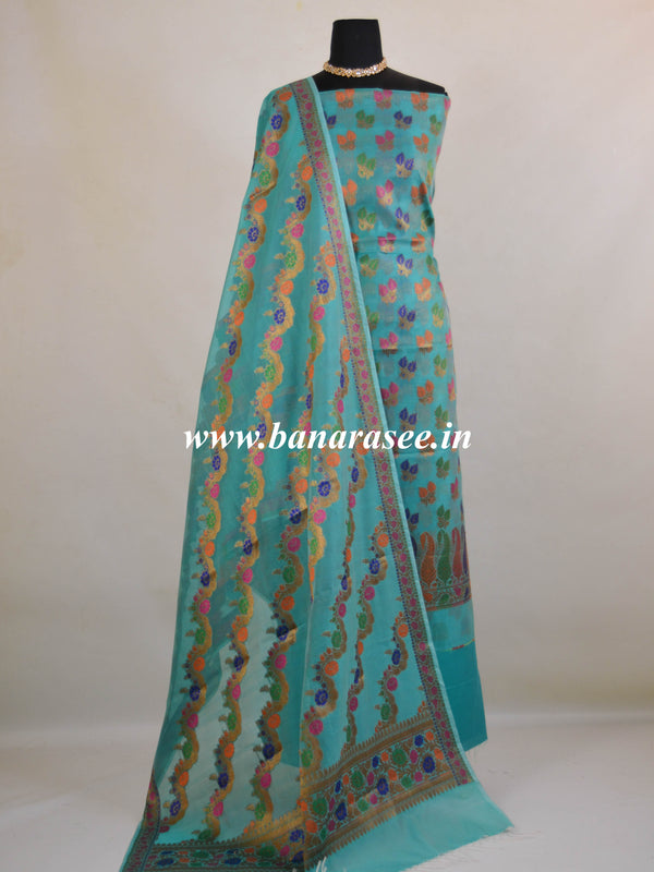 Banarasee Semi Silk Salwar Kameez Dupatta Set Meena & Zari Design-Blue