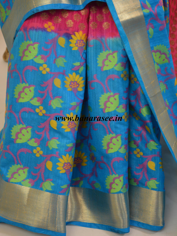 Banarasee Handwoven Semi Silk Saree With Floral Skirt Border-Magenta & Blue