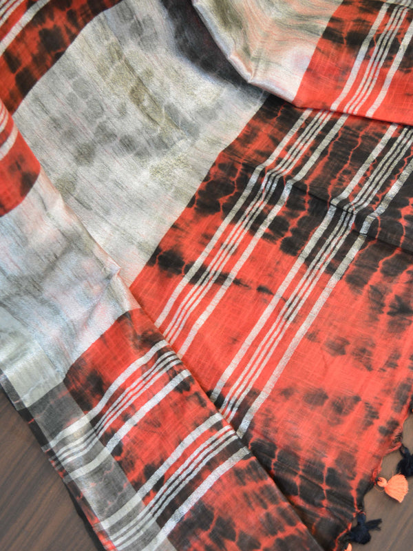 Bhagalpur Handloom Pure Linen Cotton Hand-Dyed Leheriya Pattern Saree-Black & Brown