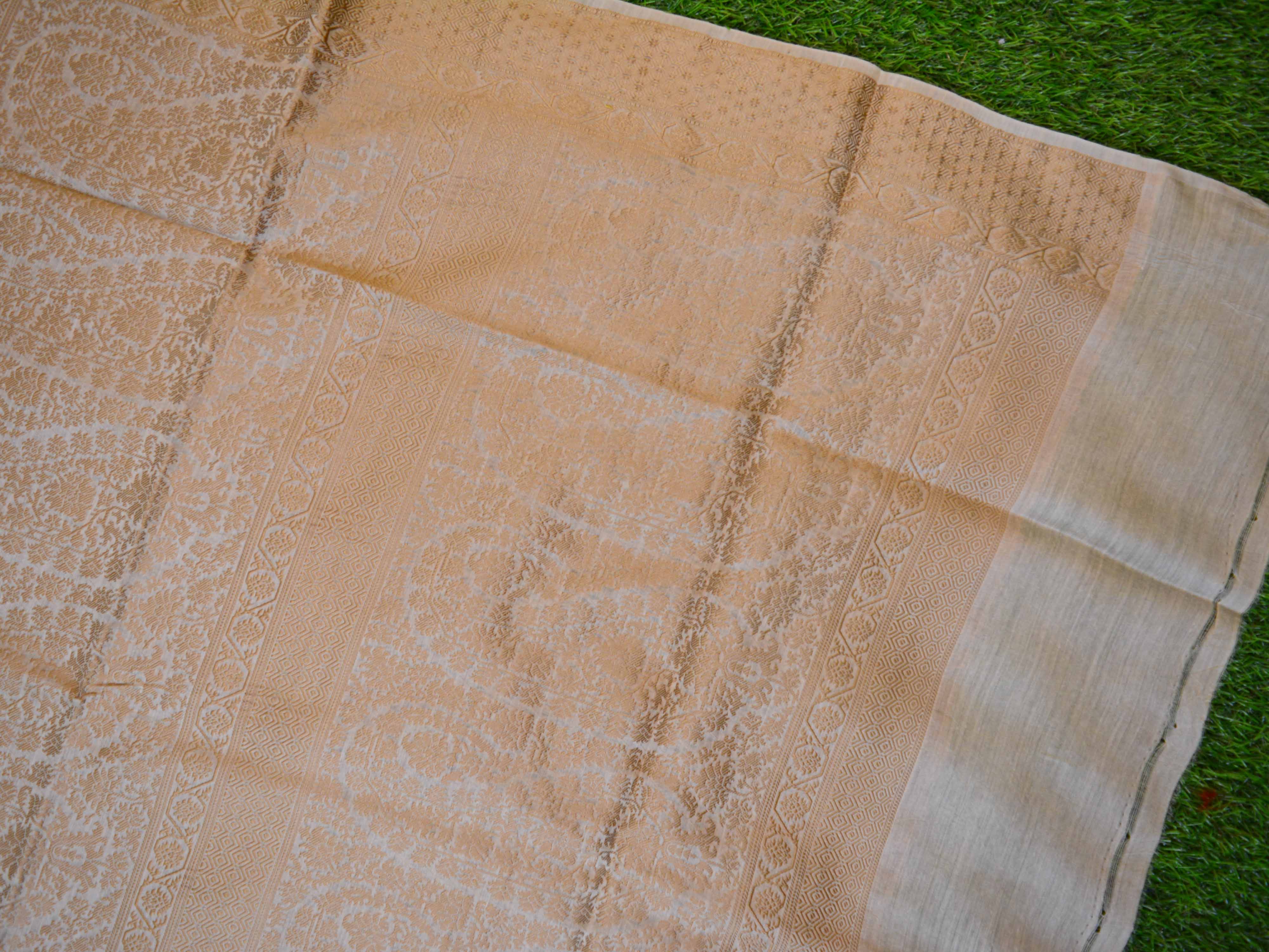 Banarasee Handwoven Pure Muga Silk Sari With Floral Border & Pallu-Green