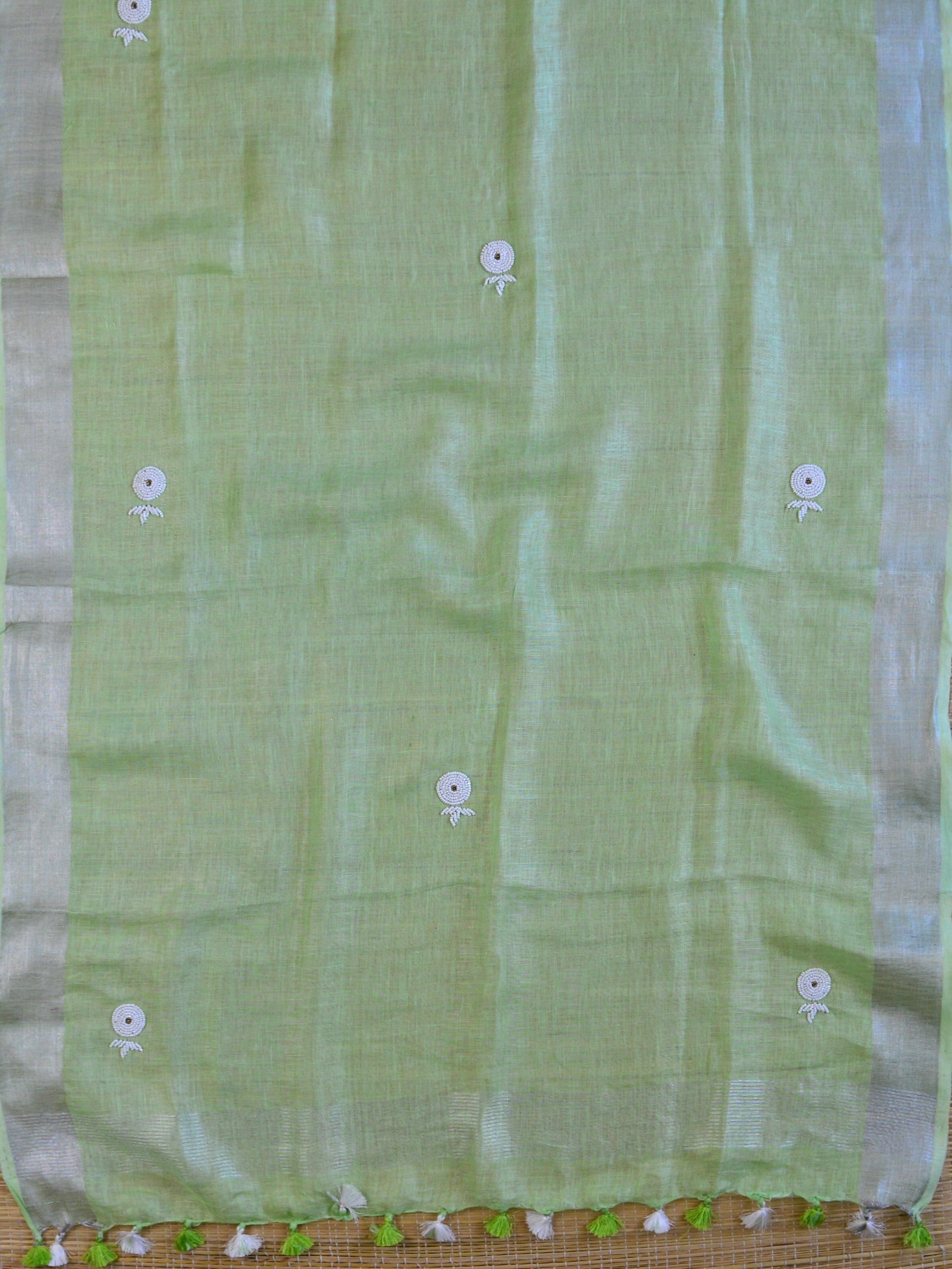 Handwoven Linen Salwar Kameez & Dupatta With Hand-Embroidered Pearl Work-Green