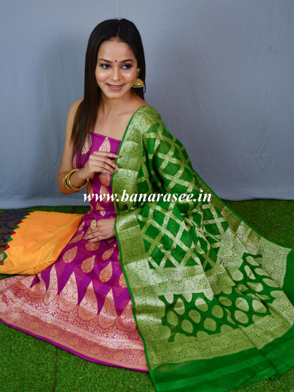 Banarasee Handloom Pure Chiffon Silk Salwar Kameez With Zari Design Fabric-Magenta & Green