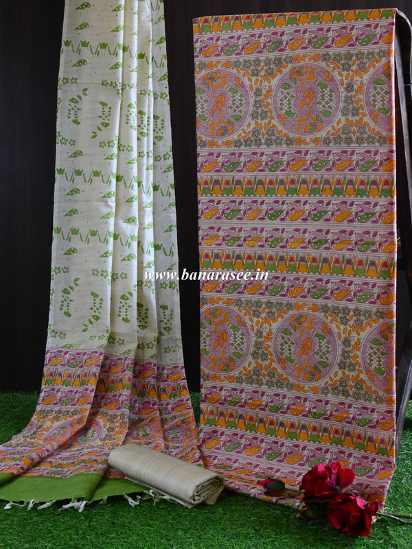 Handloom Block Printed Khadi Cotton Salwar Kameez Dupatta Set-Green & Beige
