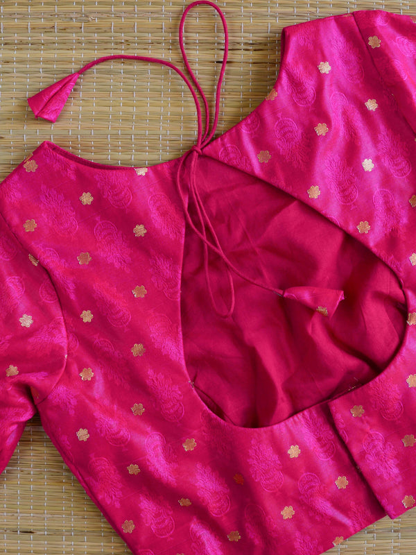 Banarasee Pure Silk Brocade Fabric Blouse-Hot Pink