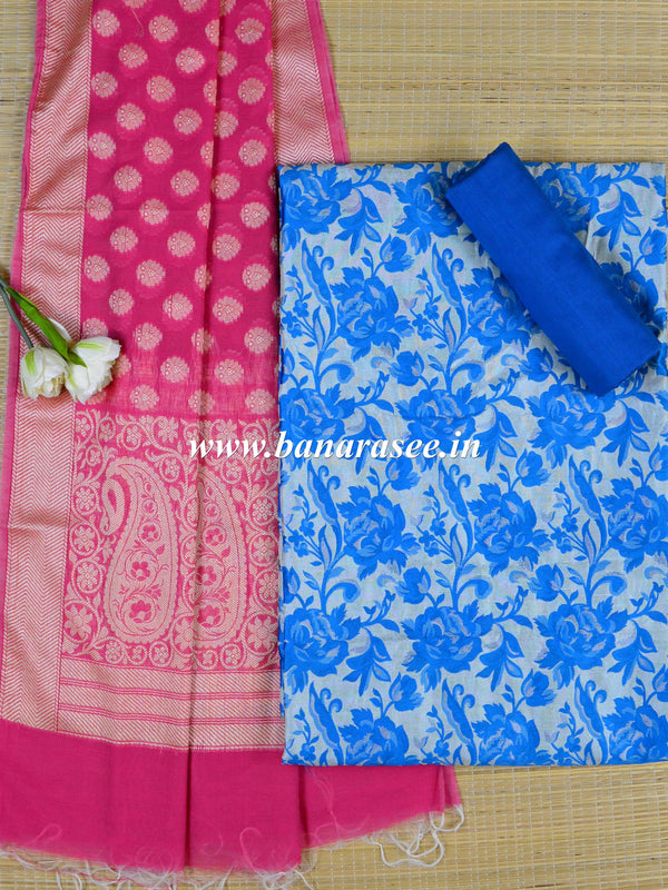 Banarasee Brocade Work Salwar Kameez Fabric & Dupatta-Blue & Pink