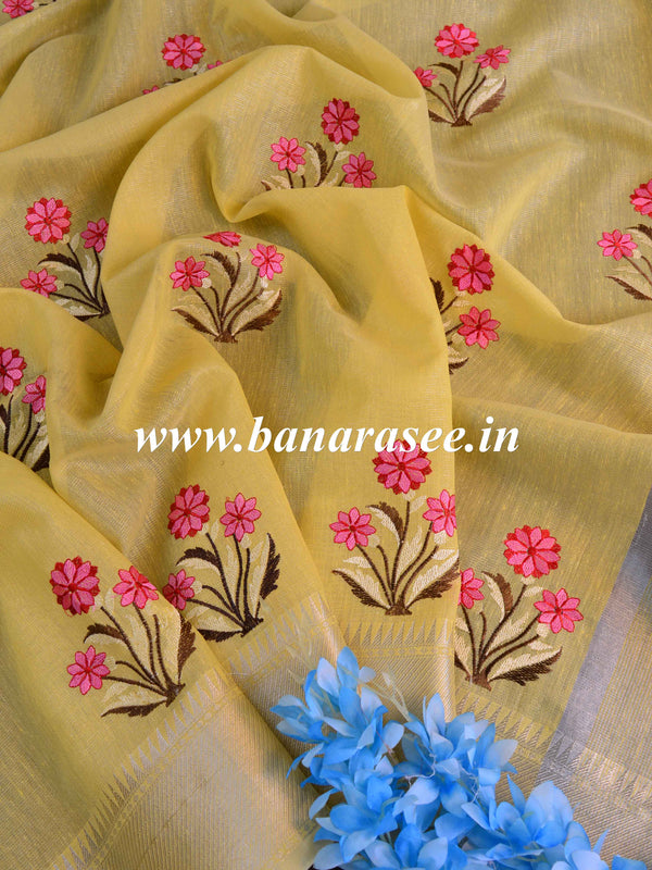 Banarasee Linen Cotton Saree With Embroidered Buta & Silver Zari Border-Yellow