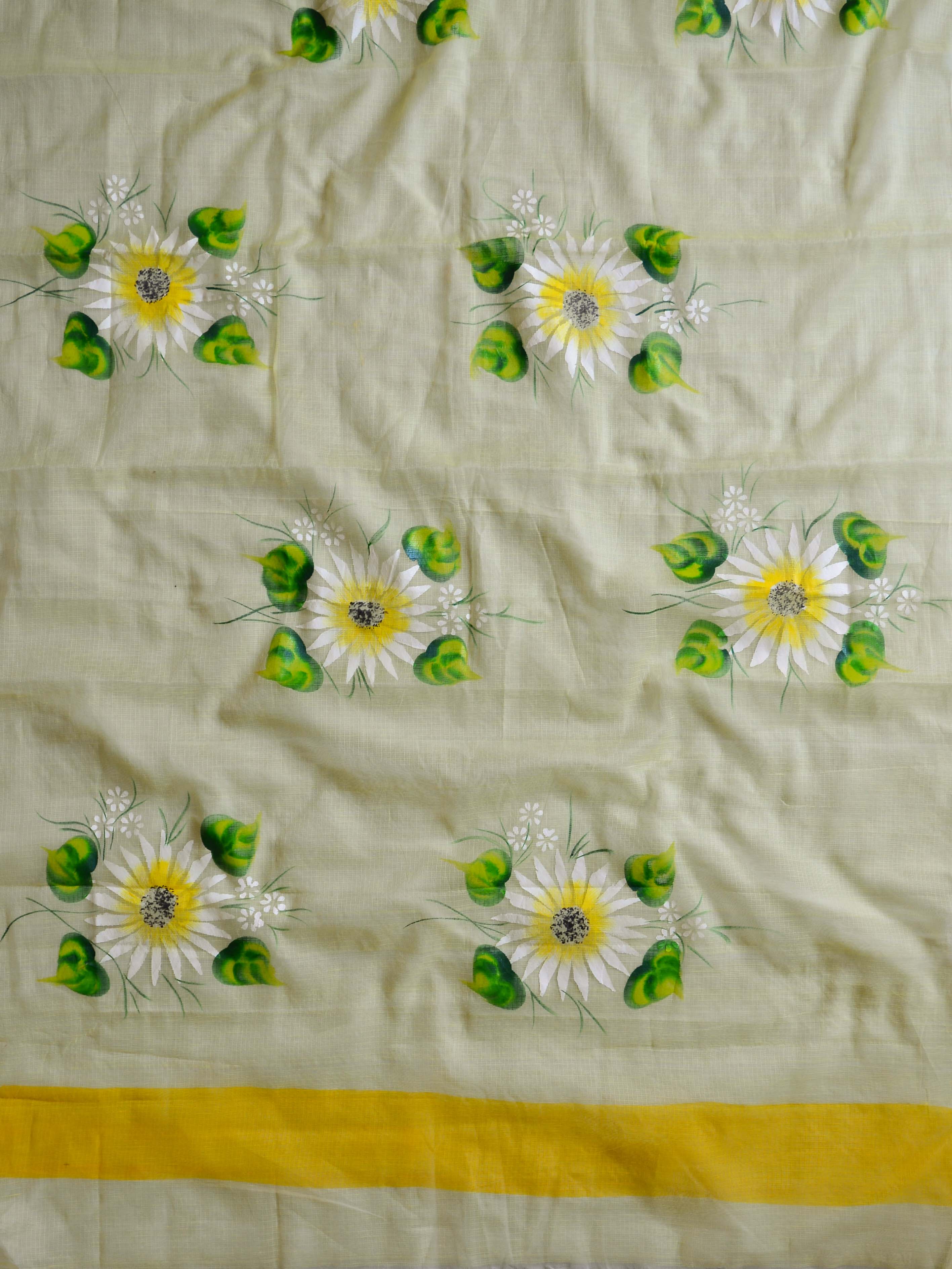 Kota Doria Cotton Mix Saree With Hand-Painted Floral Design-Yellow