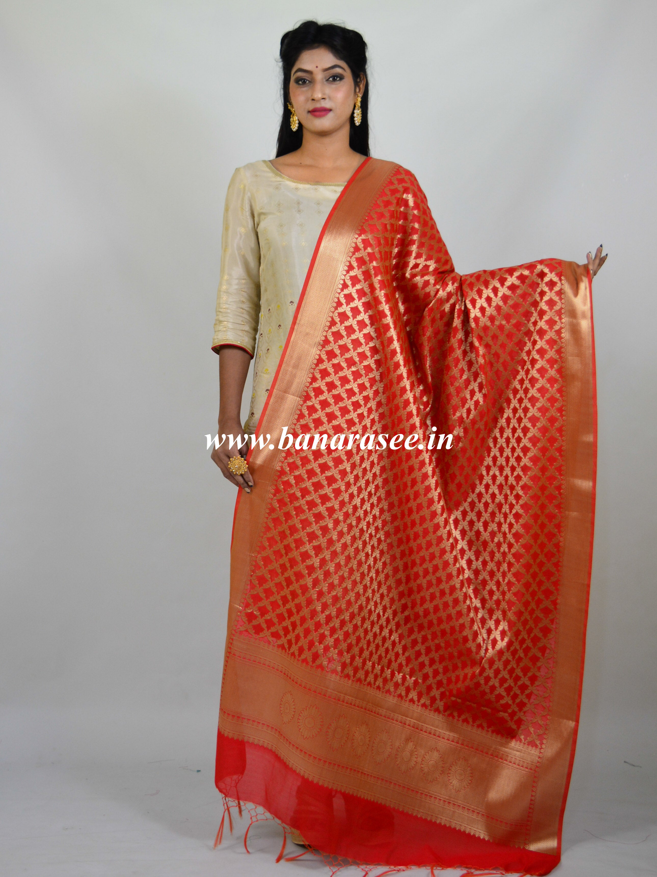 Banarasee Art Silk Dupatta With Gold Zari Jaal Design-Red
