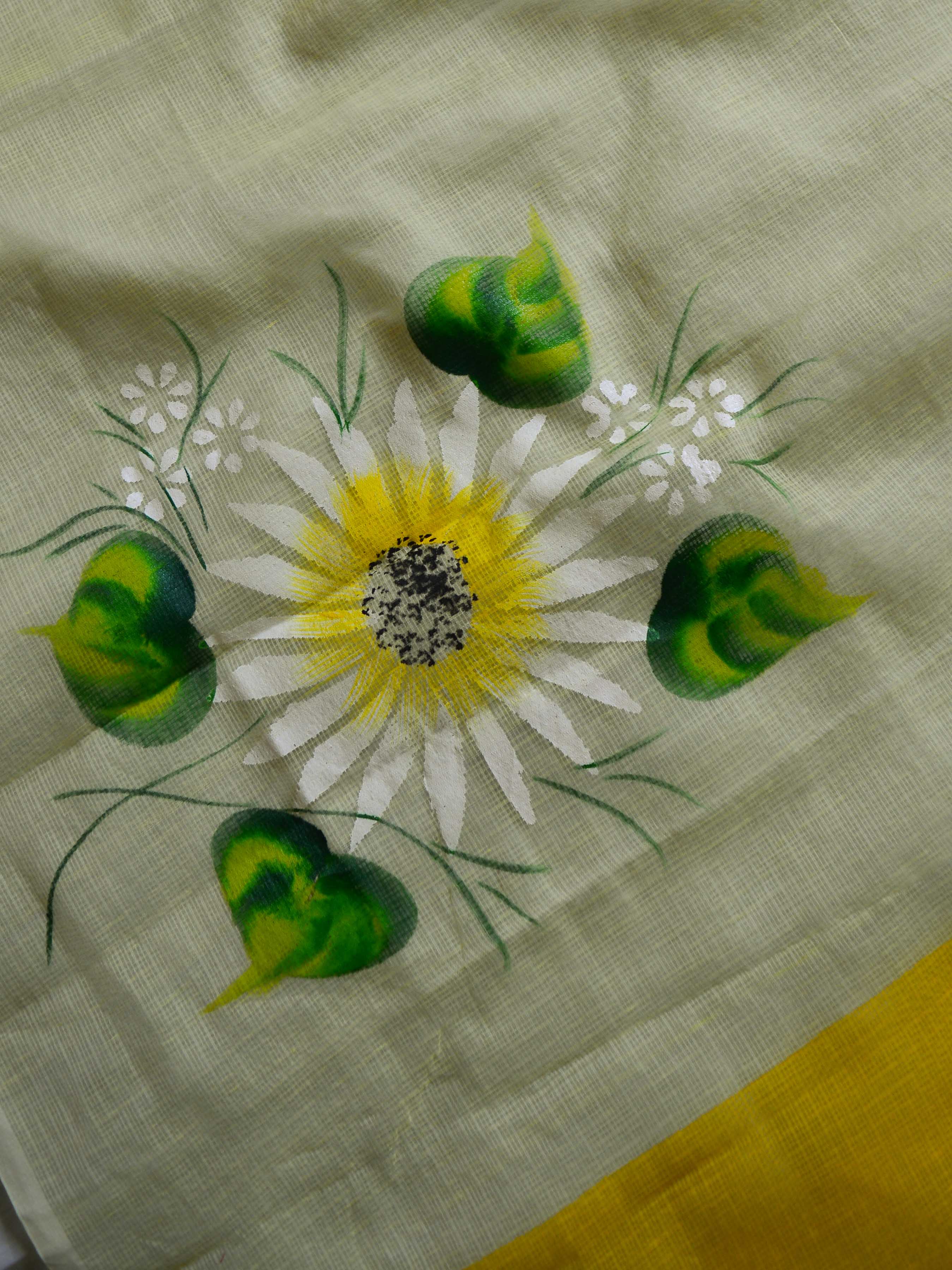 Kota Doria Cotton Mix Saree With Hand-Painted Floral Design-Yellow
