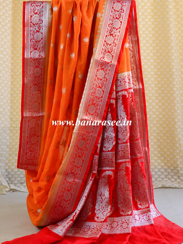 Banarasee Handwoven Semi-Chiffon Saree With Silver Zari-Orange & Red