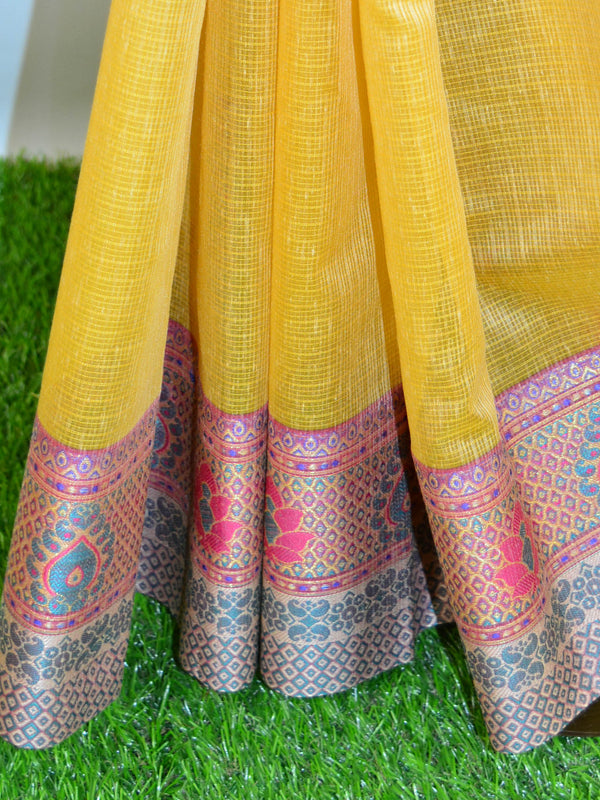 Banarasee Cotton Silk Mix Saree With Checks Design & Contrast Border-Yellow