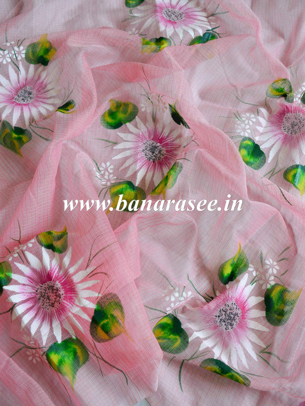 Kota Doria Cotton Mix Saree With Hand-Painted Floral Design-Pink