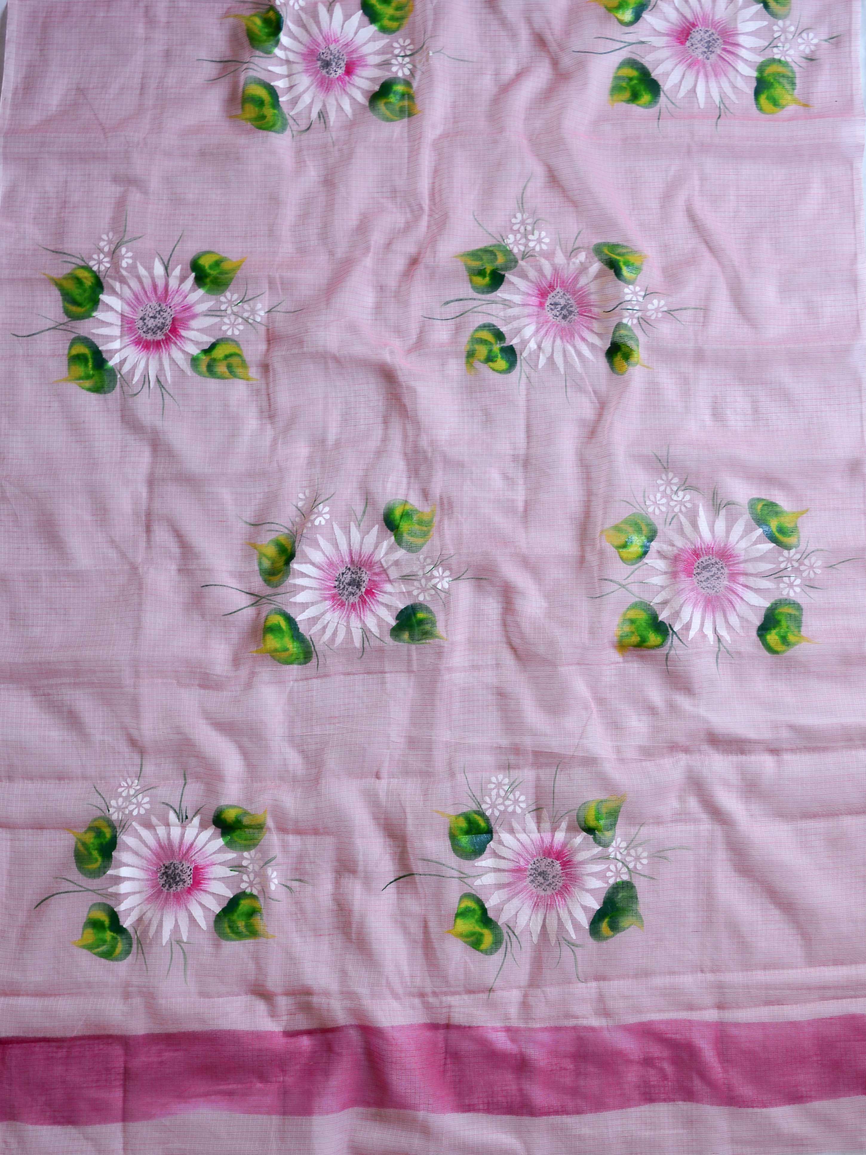 Kota Doria Cotton Mix Saree With Hand-Painted Floral Design-Pink