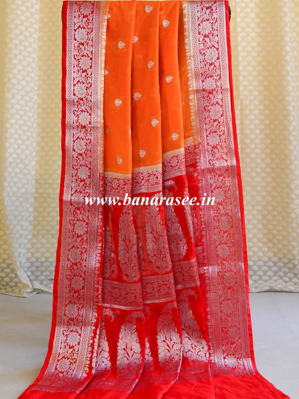 Banarasee Handwoven Semi-Chiffon Saree With Silver Zari-Orange & Red