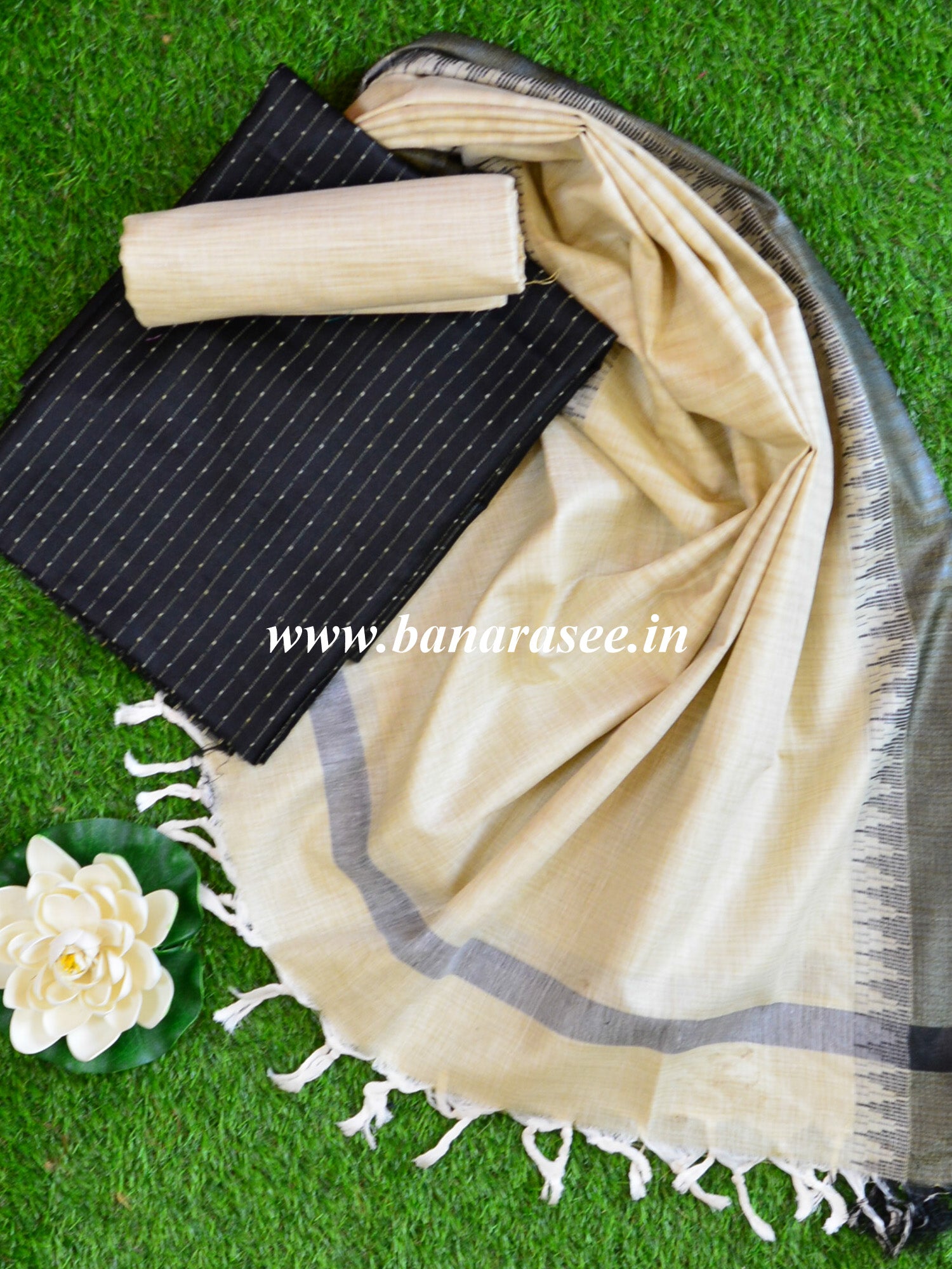 Handloom Khadi Cotton Salwar Kameez Dupatta Set-Black Beige