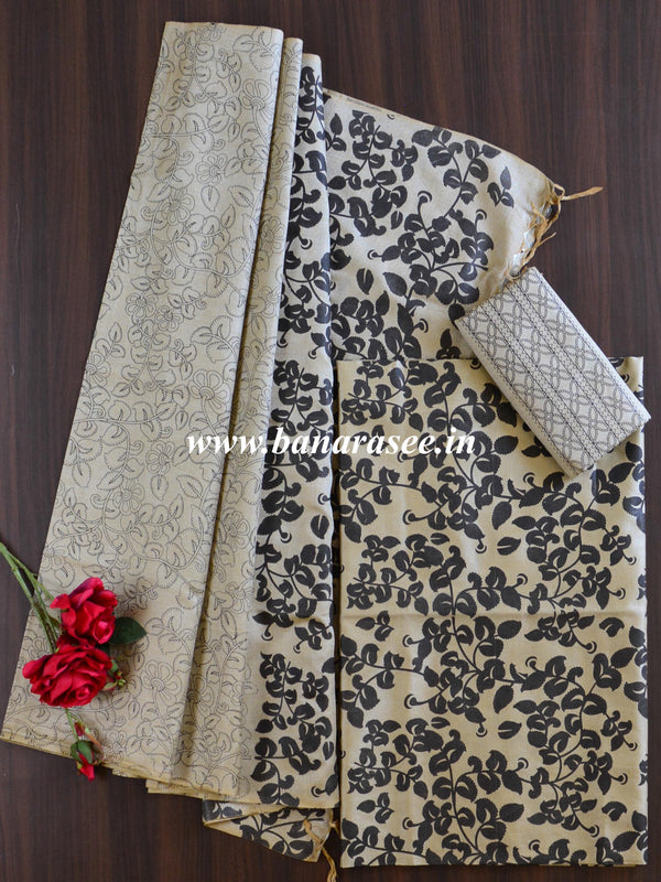 Handloom Block Printed Khadi Cotton Salwar Kameez Dupatta Set-Beige