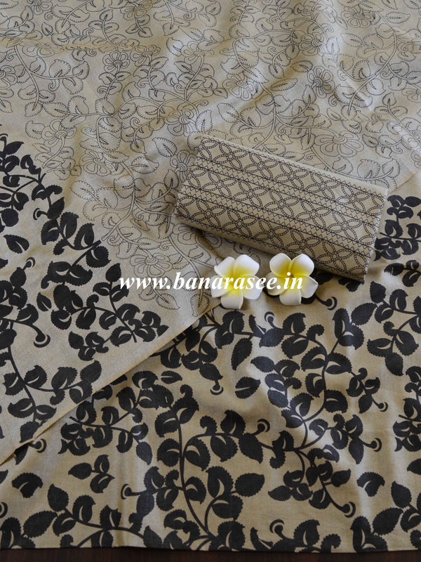 Handloom Block Printed Khadi Cotton Salwar Kameez Dupatta Set-Beige