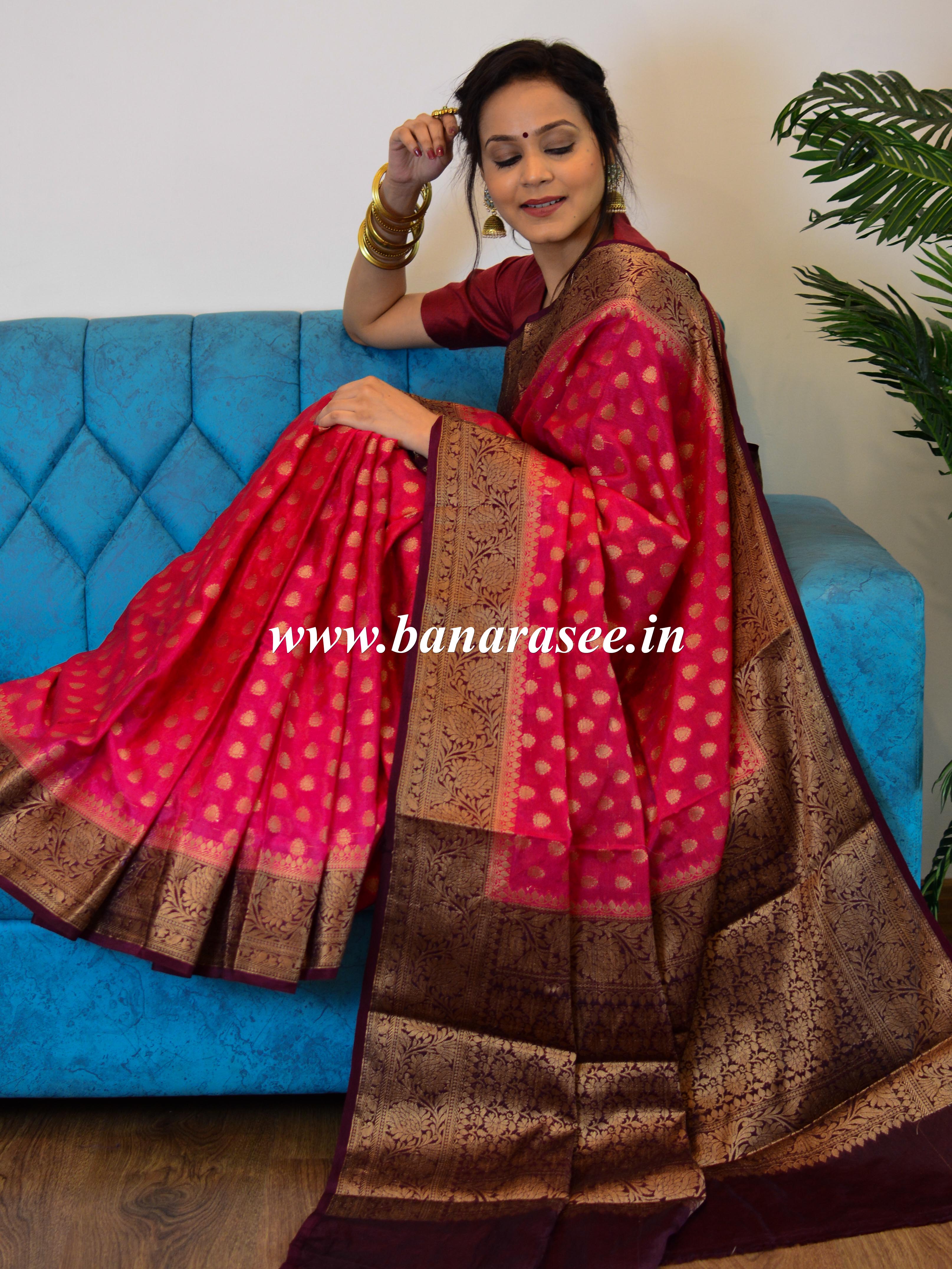 Banarasee Handwoven Semi-Chiffon Saree With Floral Zari Design-Pink & Brown