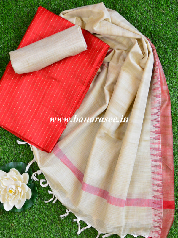 Handloom Khadi Cotton Salwar Kameez Dupatta Set-Red & Beige