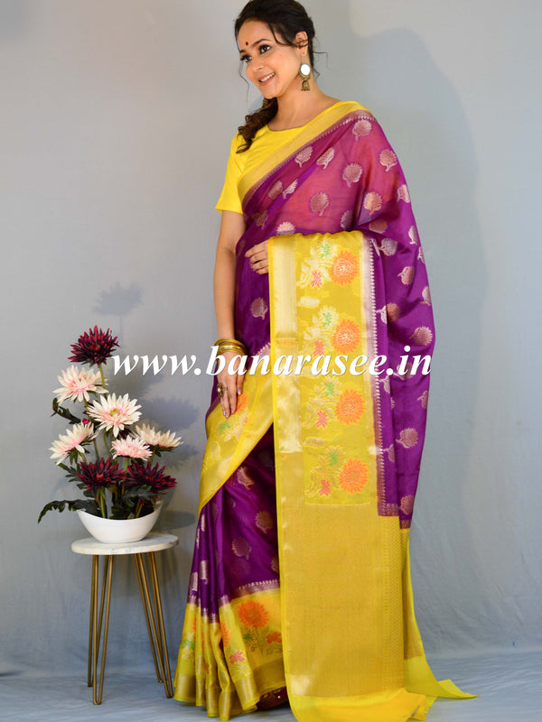 Banarasee Handwoven Semi-Chiffon Saree With Zari Buta & Contrast Border-Violet