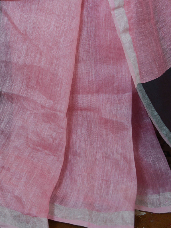 Bhagalpuri Handloom Pure Linen Silk Saree-Pink With Black
