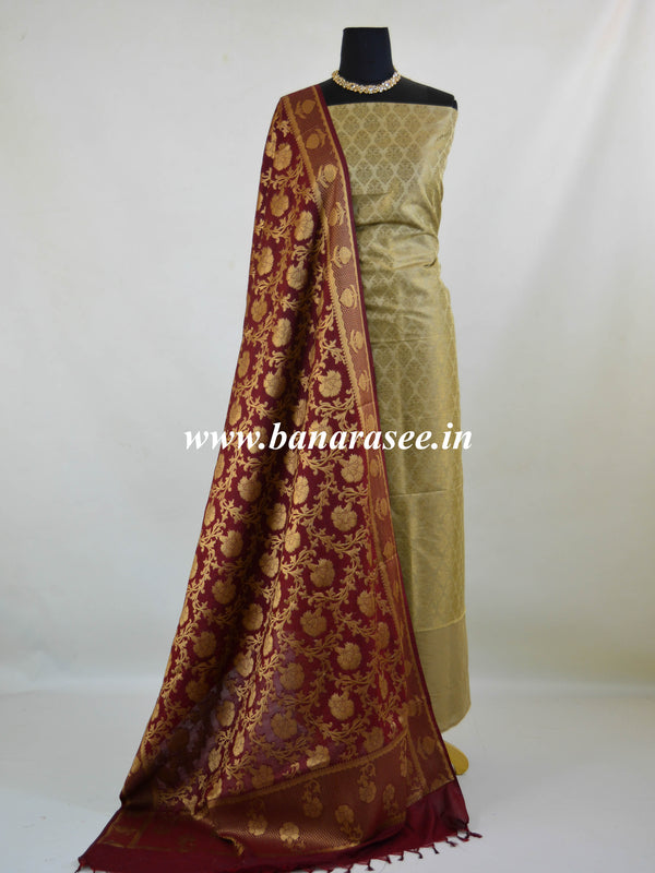 Banarasee Handwoven Satin Brocade Salwar Kameez Fabric & Maroon Art Silk Dupatta-Dull Gold