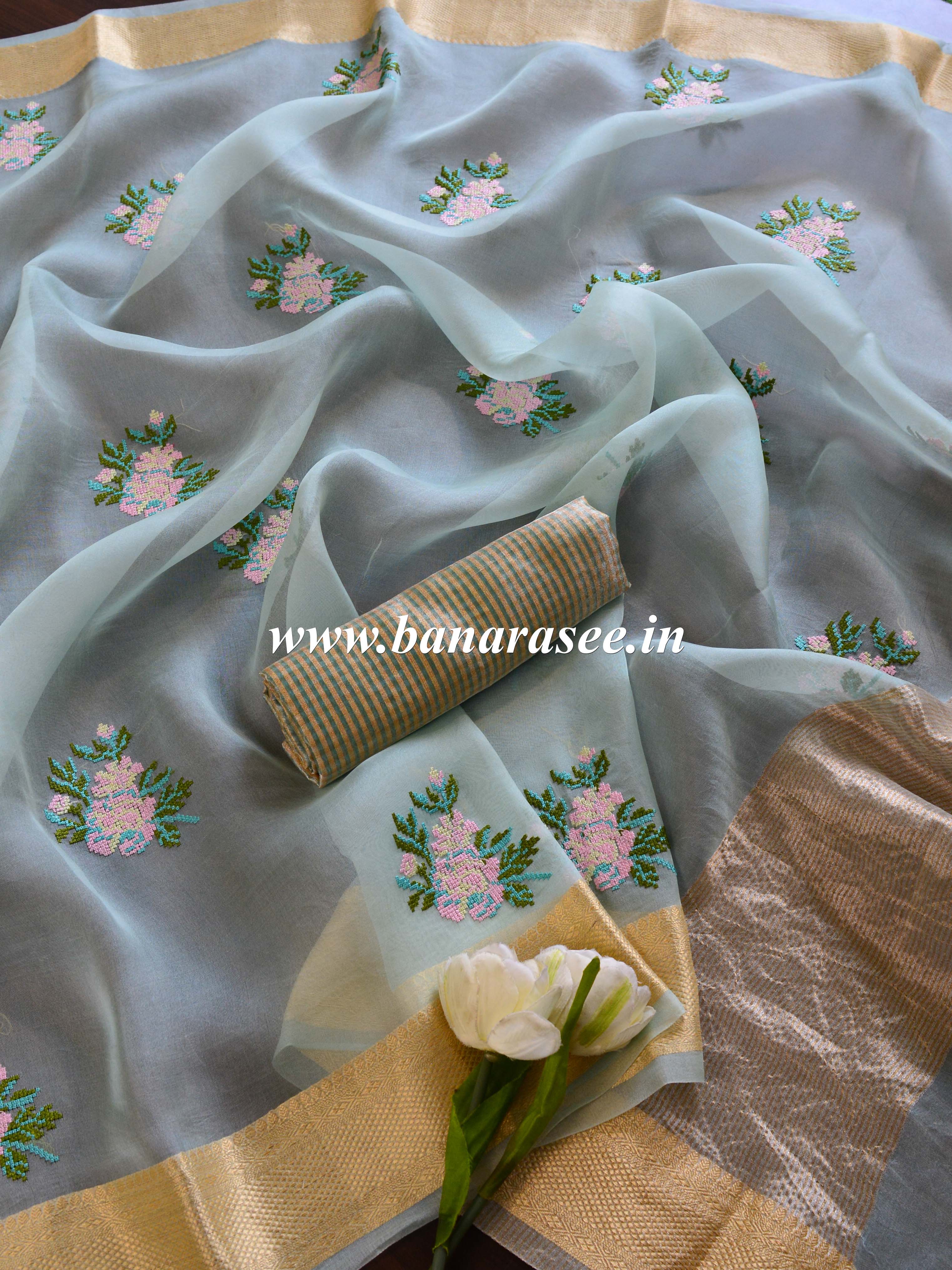 Banarasee Pure Organza Silk Saree With Embroidery-Green