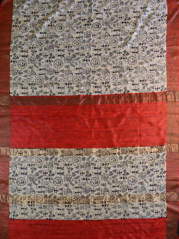 Bhagalpur Pure Handloom Tussar Silk Saree With Hand-Block Print Design-White & Red