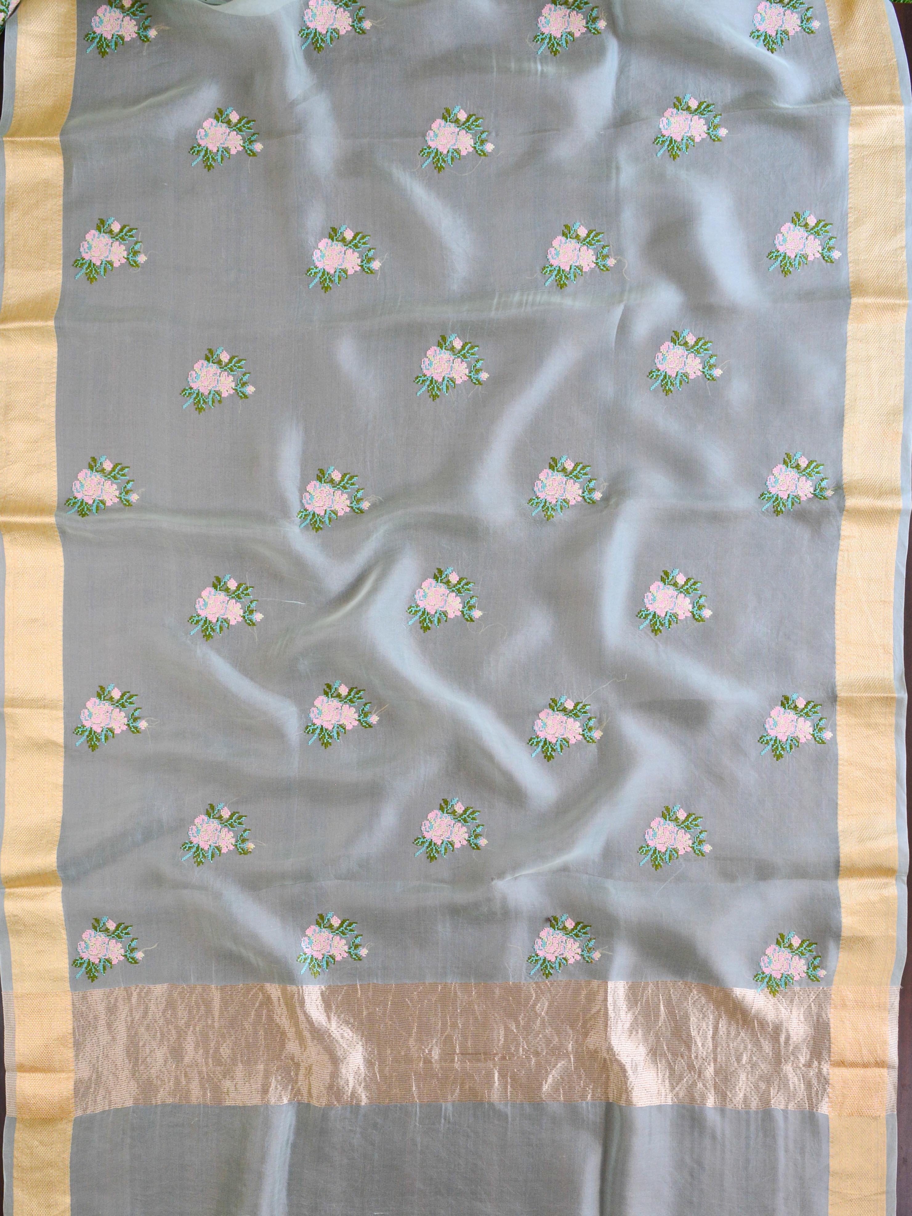 Banarasee Pure Organza Silk Saree With Embroidery-Green