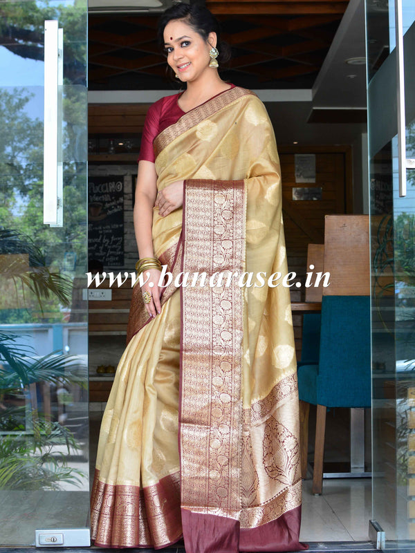 Banarasee Handwoven Pure Silk Cotton Saree With Antique Zari & & Border-Beige