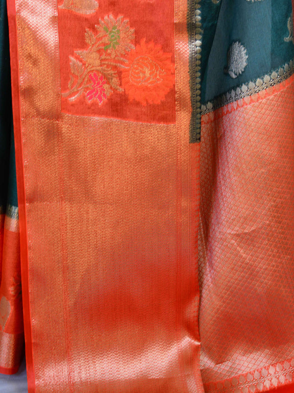 Banarasee Handwoven Semi-Chiffon Saree With Zari Buta & Contrast Border-Green