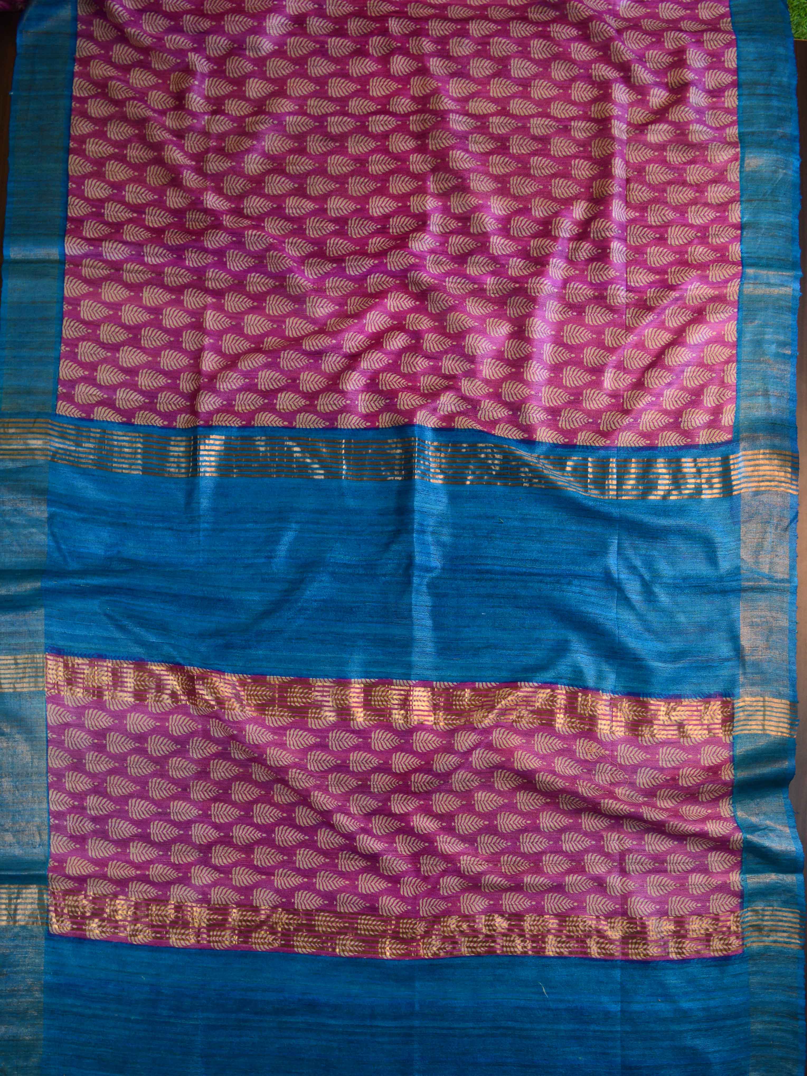 Bhagalpur Pure Handloom Tussar Silk Saree With Hand-Block Print Design-Pink & Blue