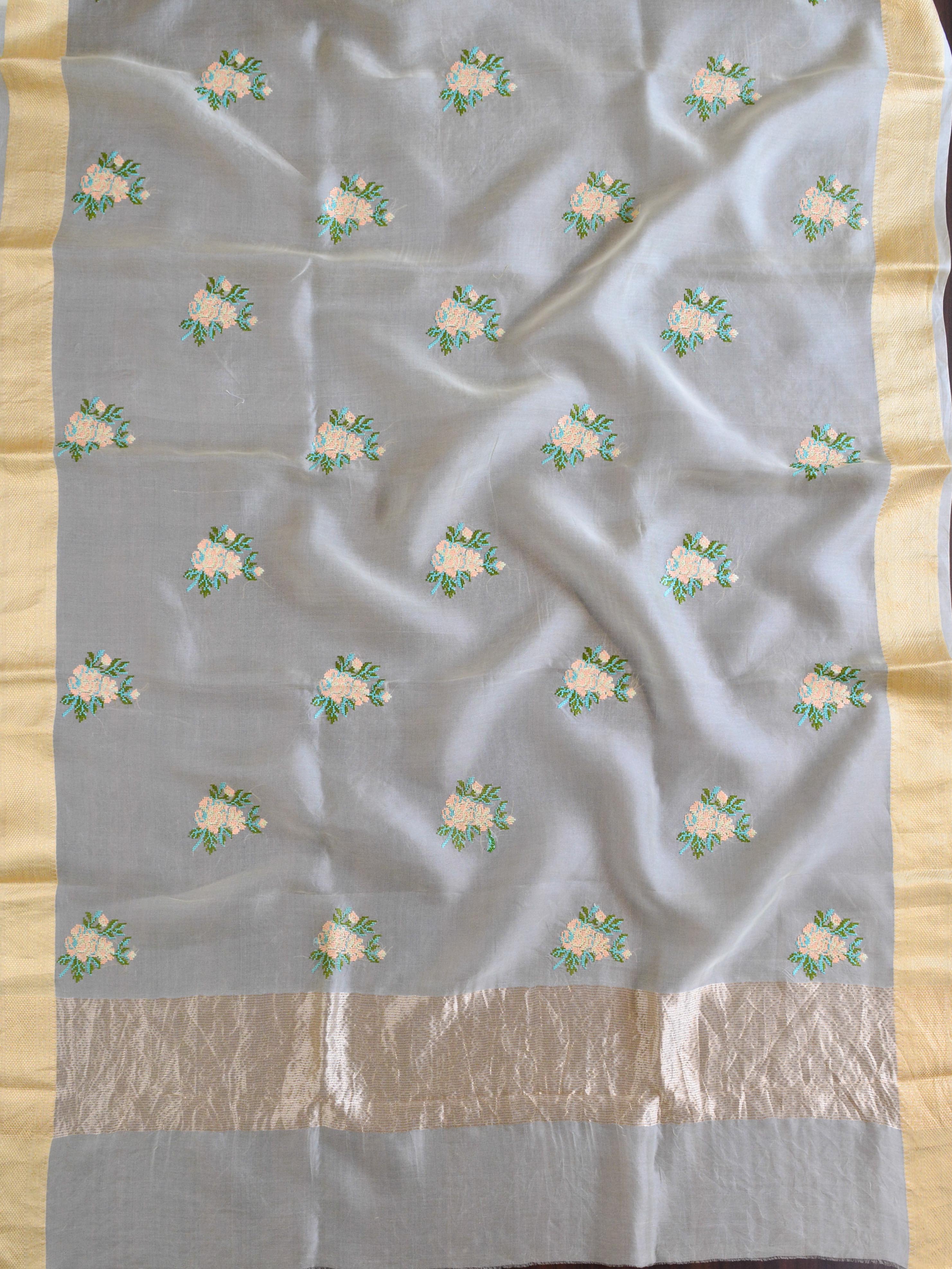 Banarasee Pure Organza Silk Saree With Embroidery-White