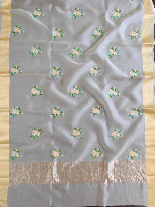 Banarasee Pure Organza Silk Saree With Embroidery-White