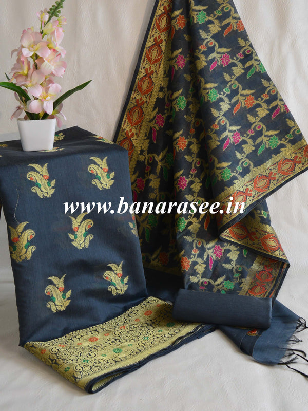 Banarasee Chanderi Cotton Salwar Kameez Fabric With Dupatta Zari Buta Design-Blue