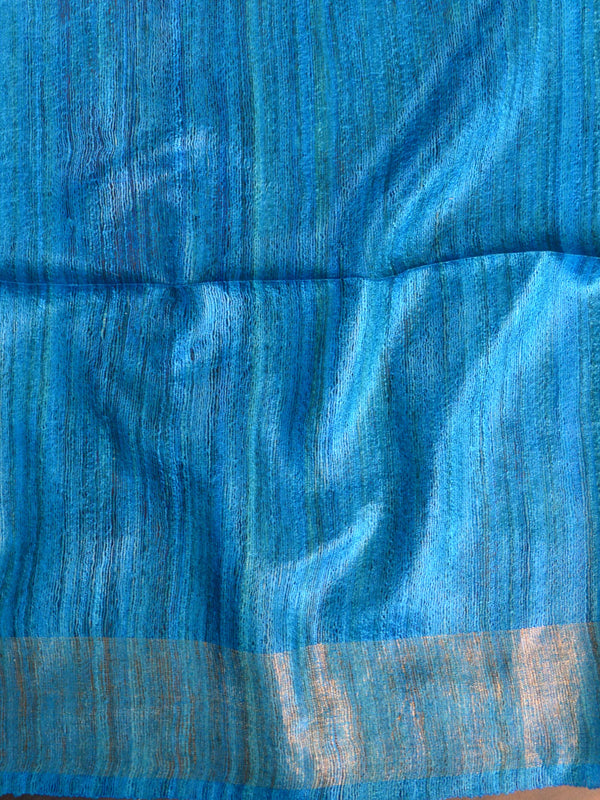 Bhagalpur Pure Handloom Tussar Silk Saree With Hand-Block Print Design-Pink & Blue