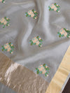 Banarasee Pure Organza Silk Saree With Embroidery-White