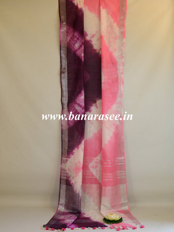 Bhagalpur Handloom Pure Linen Cotton Hand-Dyed Shibori Pattern Saree-Pink & White