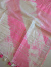 Bhagalpur Handloom Pure Linen Cotton Hand-Dyed Shibori Pattern Saree-Pink & White