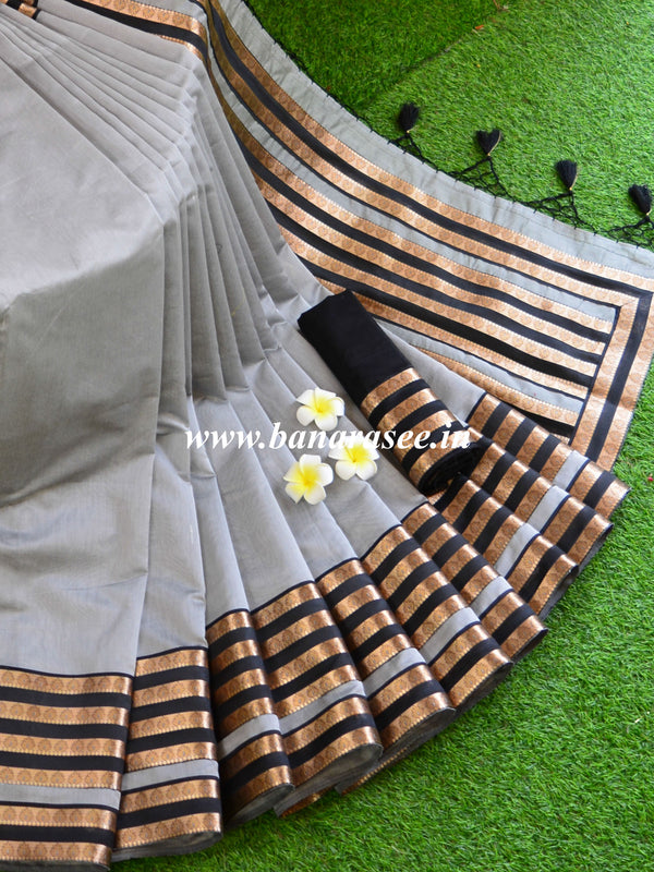 Banarasee Cotton Silk Mix Saree With Zari Border Border-Grey
