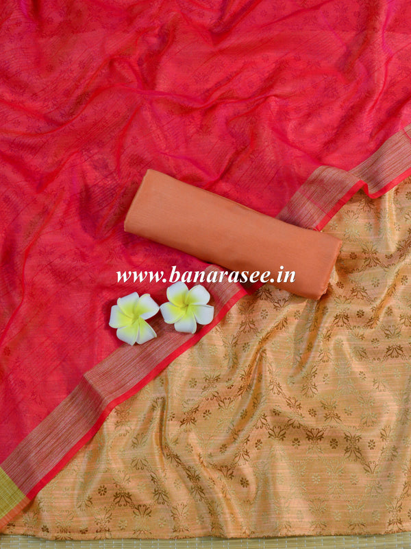 Banarasee Soft Cotton Ghichha Work Salwar Kameez Fabric & Dupatta-Orange & Pink