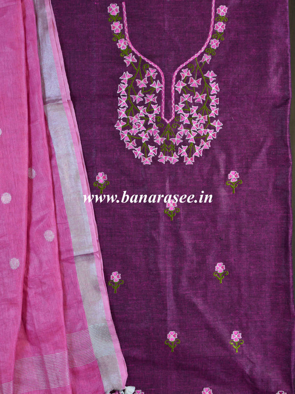 Handwoven Linen Kameez & Dupatta With Hand-Embroidered Work-Pink & Purple