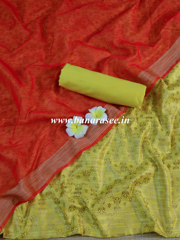 Banarasee Soft Cotton Ghichha Work Salwar Kameez Fabric & Dupatta-Yellow & Red