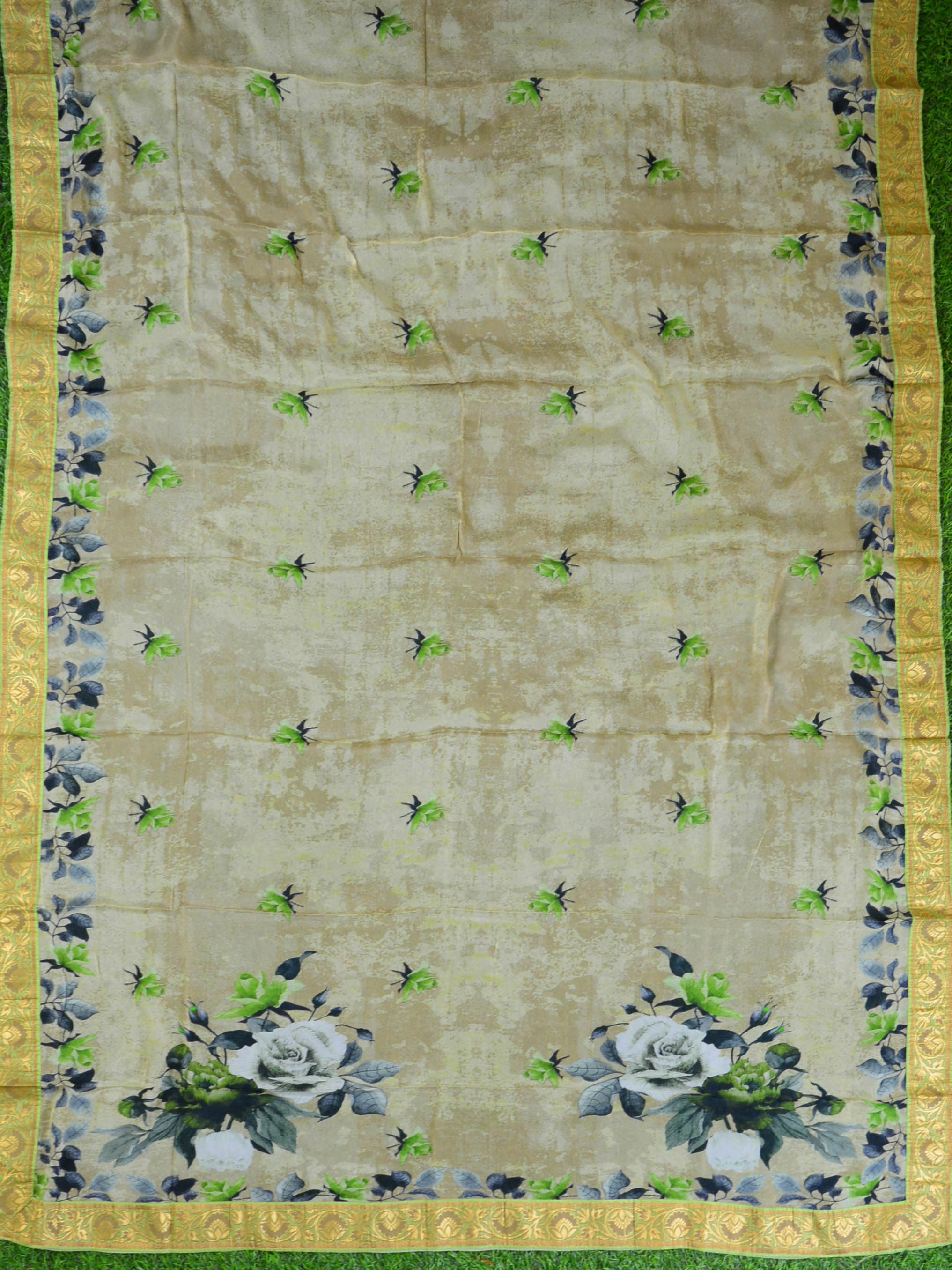 Banarasee Salwar Kameez Cotton Silk Woven Zari Buti Fabric With Digital Print Dupatta-Beige