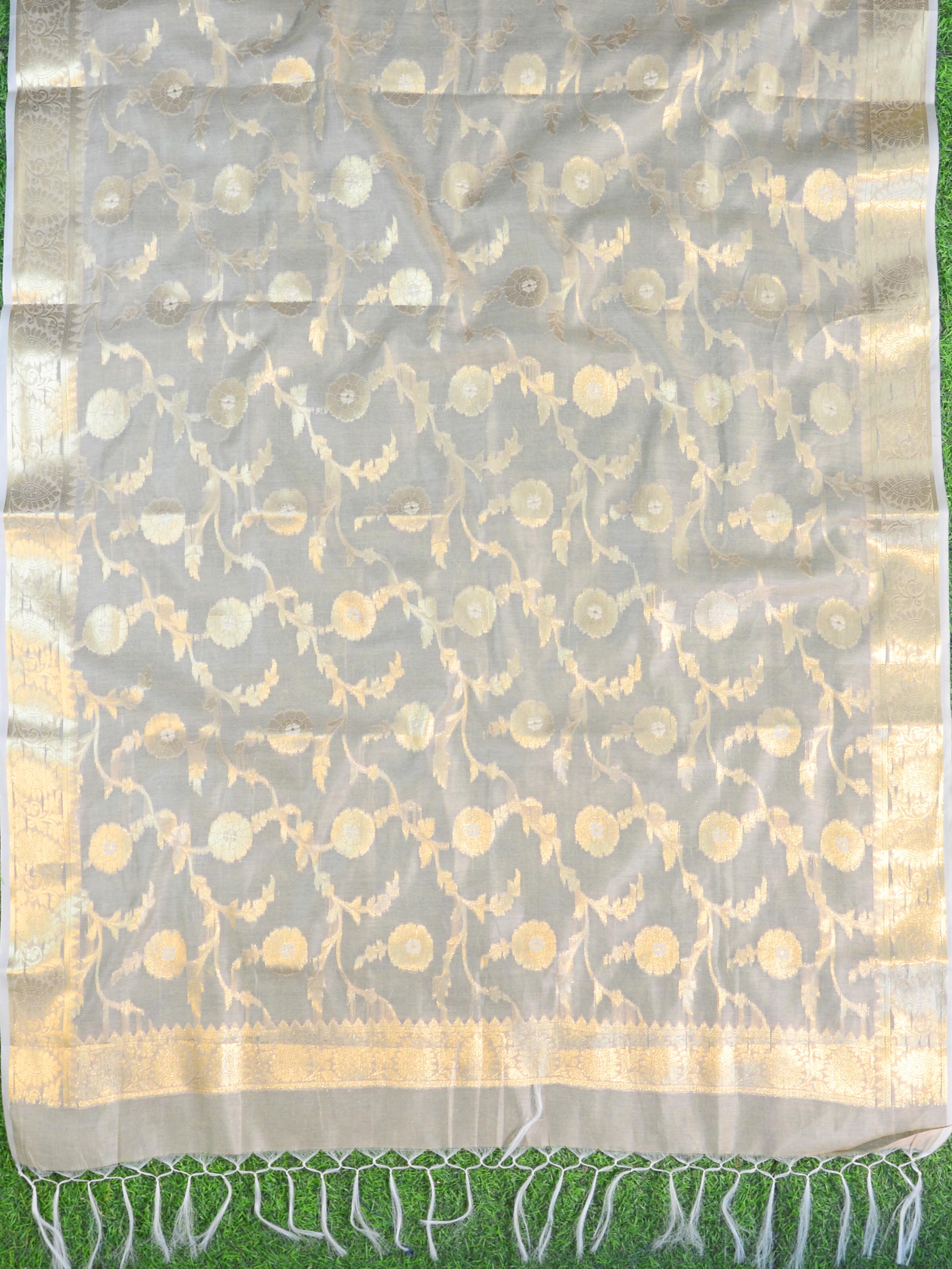 Banarasee Handwoven Salwar Kameez Cotton Silk Resham & Zari Jaal Woven Fabric-Beige